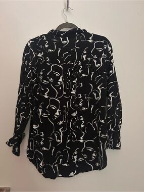 Abstract Face Print Black & White Button-Up Blouse